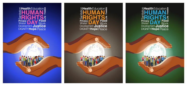 A set of world humans rights day vector abstract poster. Earth model and humans between two hands.