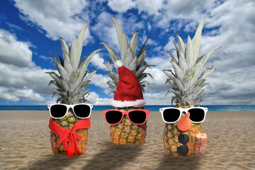 Christmas Holiday Decorated Pineapples on the Beach - 551594230