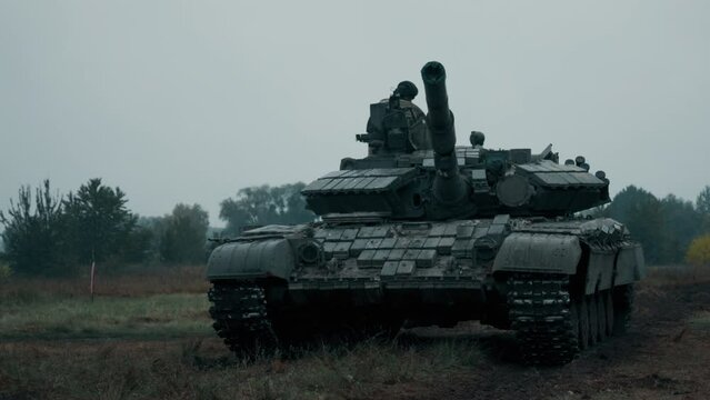 Open camera move Ukraine tank T-72 on a shooting range. Armed forces of Ukraine