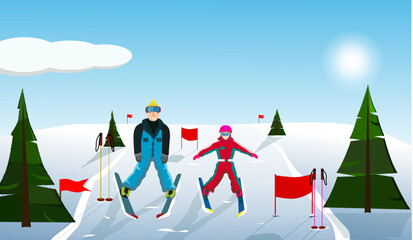 Adult coach child learns to ski. Forest and snow in the background. The concept of sports and exercise. Export graphic illustration
