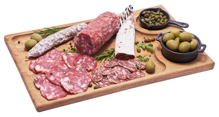 Spanish Fuet thin dried salami sausage on wooden cutting board