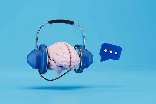 the concept of feedback. brain in headphones with microphone and message icon on a blue background. 3D render