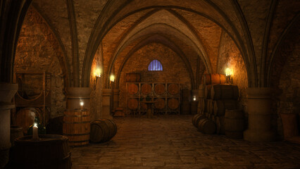 Wine cellar of an old medieval tavern lit by torches and candles. 3D illustration.