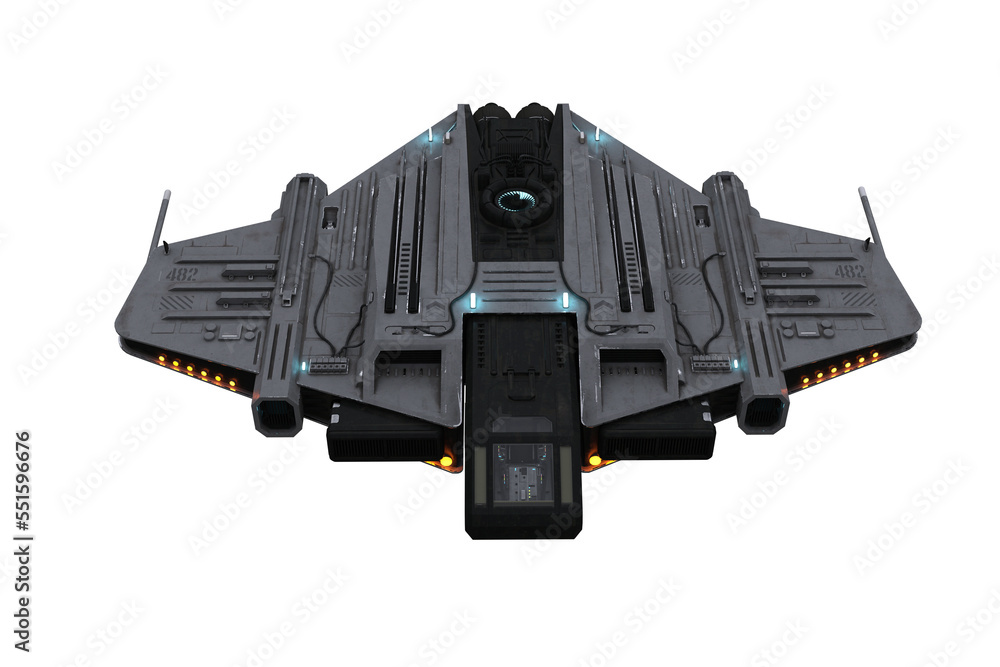 Poster Futuristic fantasy space ship in flight with yellow lights on viewed from front.  3D rendering isolated.