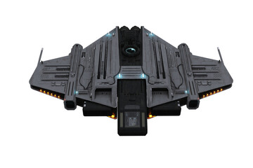 Futuristic fantasy space ship in flight with yellow lights on viewed from front.  3D rendering isolated. © IG Digital Arts