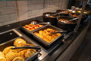 on a breakfast buffet is various delicious ingredients for breakfast