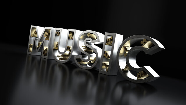 3d metallic music text containing gold music notes, on red background.3d render illustration.