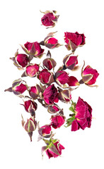 Heap of dry tea roses buds isolated on white background. Rose flower tea. Phnom Penh rose tea. Clipping path. Top view.