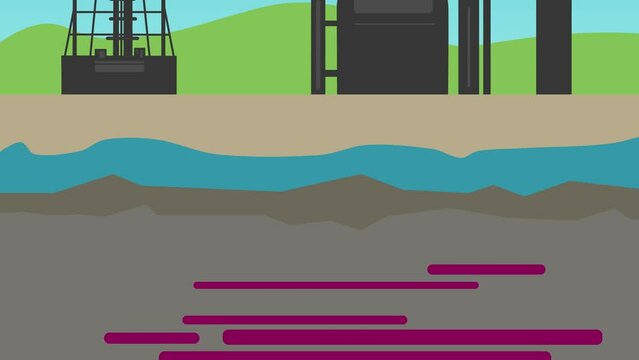 Fracking Process Educational Animation with Stop Points and Copy Space – step-by-step energy infographic, geology explainer, fossil fuel extraction, earth layers, educational visual for presentations