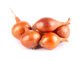 Brown mini onions isolated on a white background. Raw onion bulbs, for cultivation. French onion.