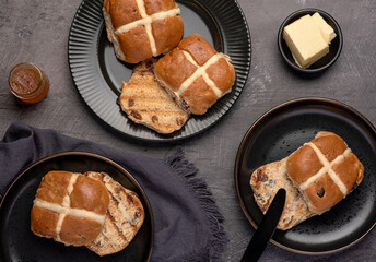 Food photography of hot cross bun, raisin, butter, english, symbol, bread, pastry
