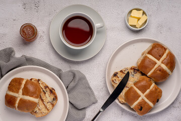 Food photography of hot cross bun, raisin, butter, english, tea, symbol, bread, pastry