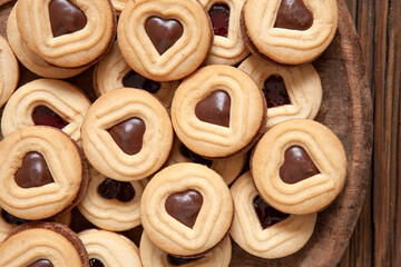Close-up of heart shape cookies on a plate. Background, top view, copy space