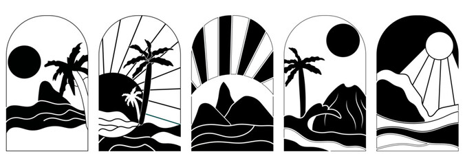 Black and white Sunrise in the Morning, with sea and palm trees. Set Minimal background. Vintage sunset, perfect for icon and symbols, poster, postcard, logo. Vector illustration