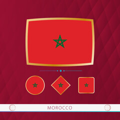 Set of Morocco flags with gold frame for use at sporting events on a burgundy abstract background.
