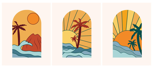Minimal Sunset poster the sea with a palm tree. Set vintage sunrise, perfect for icon and symbols, poster, postcard, logo. Vector illustration. Vector illustration.