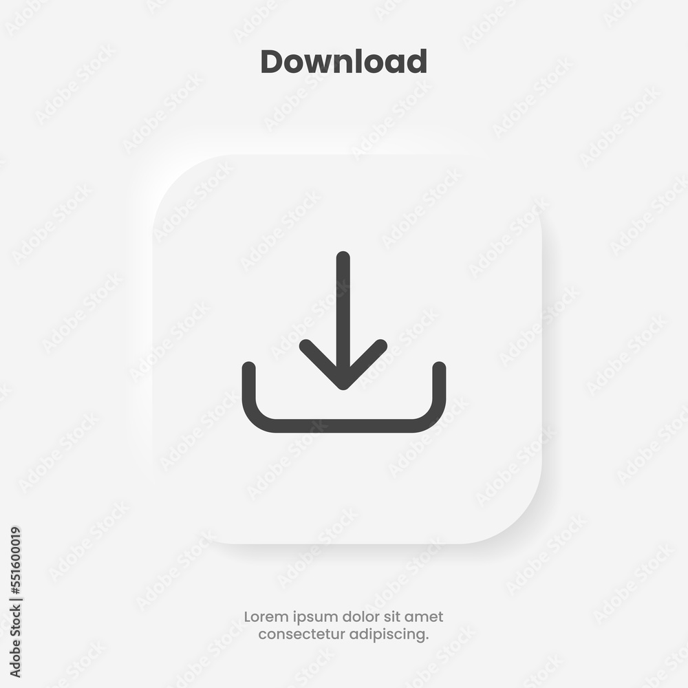 Poster 3D download icon button. Upload icon. Download symbol, sign. Down arrow bottom side symbol. Save cloud icon push button for ui ux website mobile app
