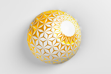 Abstract creative modern gold and white 3D three-dimensional sphere background with collapsing into many different triangles around the layer. 3d illustration.