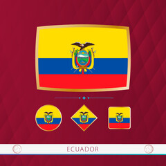 Set of Ecuador flags with gold frame for use at sporting events on a burgundy abstract background.