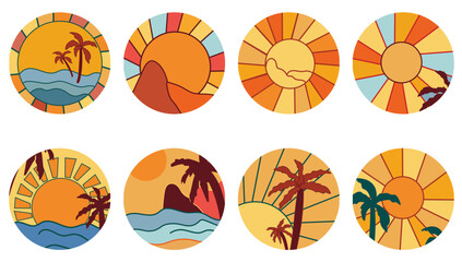 Collection icon sunrise in the Morning , with sea and palm trees. Vintage sunset, perfect for icon and symbols, poster, postcard, logo. Vector illustration