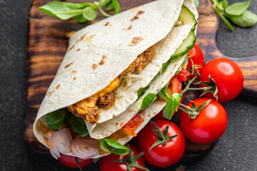 taco snack meat, vegetable, lettuce pork, lamb, turkey meal food on the table copy space food background rustic top view