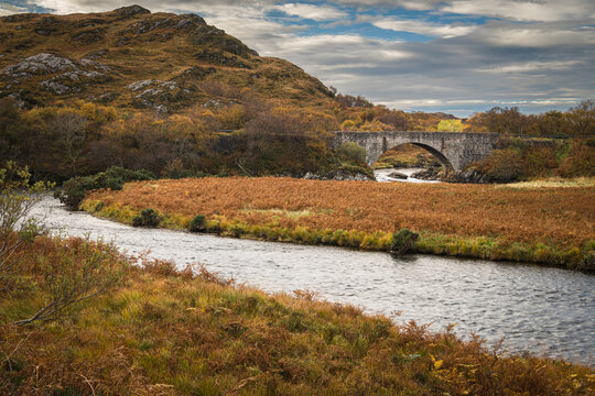 An Autumnal HDR Image Of Laxford Bridge Carrying The A838 North To Durness And South To Ullapool Along The Norrth Coast 500.