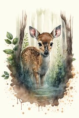 Watercolor of the baby deer in the woods, generative AI
