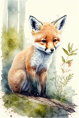 Obraz premium Watercolor of the red fox in the forest, generative AI