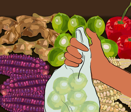 peruvian market with people vegetables stand illustration