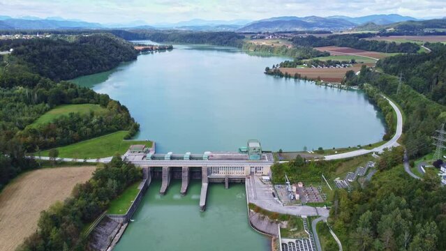 Aerial view of the water power plant Edling at the river Drau	
