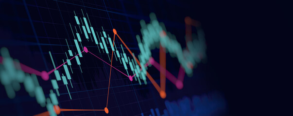Financial graph with up trend line candlestick chart in stock market on neon color Widescreen background
