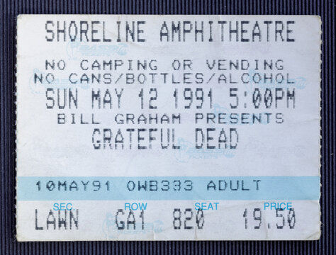 Mountain View, California - May 12, 1991 - Old used ticket for the concert of the Grateful Dead at Shoreline Amphitheatre