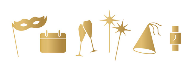 golden New Years Eve celebration elements: party mask, clock, calendar, champagne glasses, party hat, sparklers- vector illustration- vector illustration