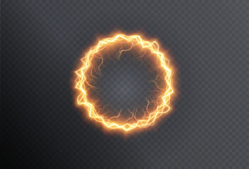 Powerful ball lightning gold png. A strong electric charge of energy in one ring. Element for your design, advertising, postcards, invitations, screensavers, websites, games.	