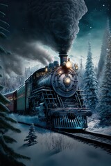 Vintage steam locomotive traveling at night trough the heavy snow covered Christmas trees landscape
 - obrazy, fototapety, plakaty
