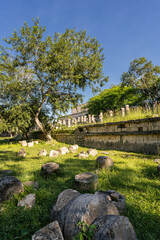 The ruins of a beautiful pyramid in the archaeological zone of Chichen Itza in Mexico.