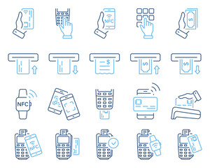 Contactless Payment by Mobile Phone, Credit Card on POS. ATM Money Withdraw Icon. Cashless Wireless Pay Transaction by NFC Technology Line Icon Set. Editable Stroke. Isolated Vector Illustration