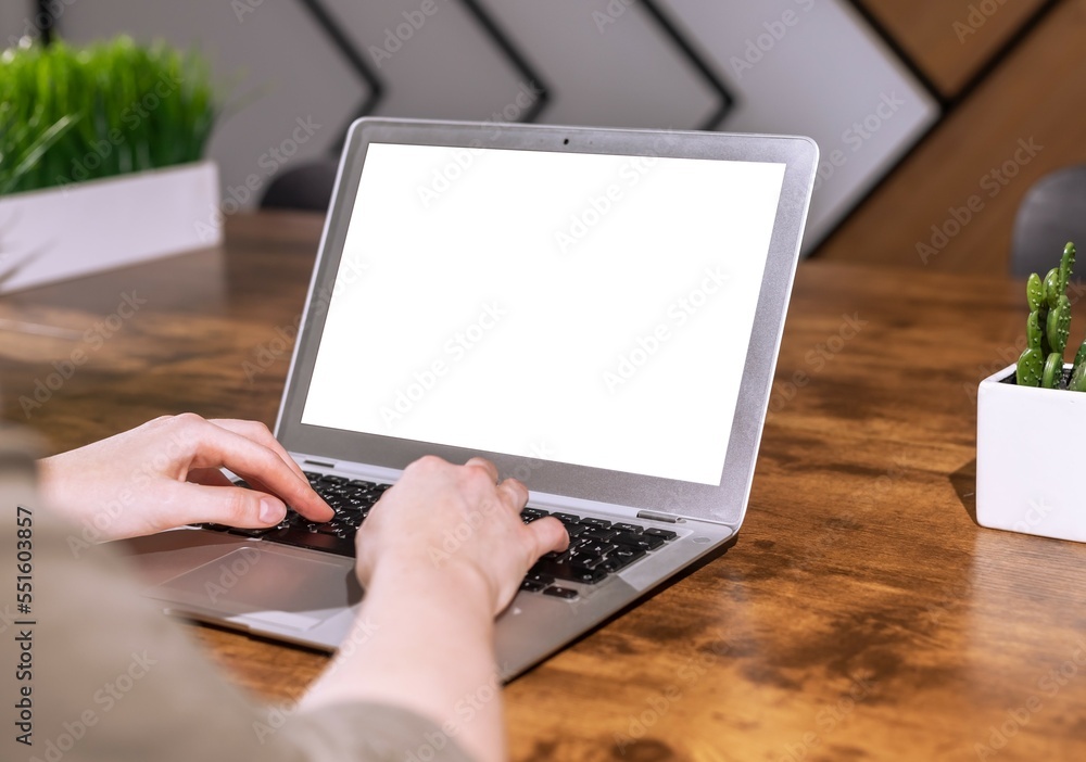 Poster Laptop screen mock up, hands typing on keyboard, PC with white blank empty display for website presentation. Office desk