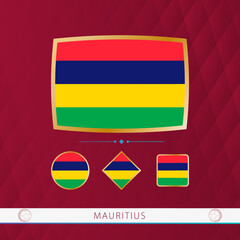 Set of Mauritius flags with gold frame for use at sporting events on a burgundy abstract background.