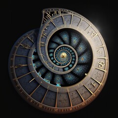 Fantasy roman spiral antique clock with ornaments. Passing time concept.  Generative AI.