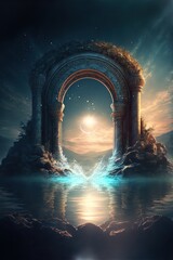 Magical portal and the sea, fantasy scene