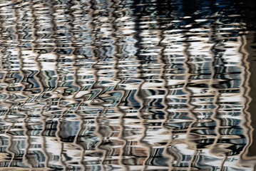Abstract​ background of​ rippled water surface with distorted buildings reflections. Water​...