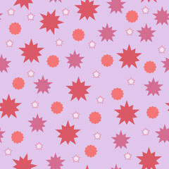 Seamless pattern of red stars and flowers on a pink background for textiles.