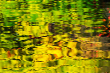 Beautiful abstract watercolor natural background of rippled water surface with distorted vegetation and clear blue sky reflections. Copy space for​ graphic​ design