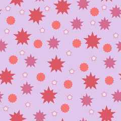 Seamless pattern of red stars and flowers on a pink background for textiles.
