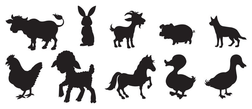 monochrome collection of farm animals silhouettes icons