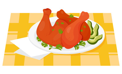 Mexican Achiote Chicken grilled food. Yucatan style marinated chicken legs with ahiote on plate with avocado slices and parsley. Vector illustration of Latin American national dish.