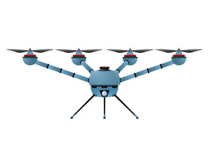 Quadcopter in realistic style. Blue Drone with camera. Colorful PNG illustration.