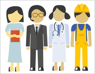 A set of various professionals standing with particular uniforms. Vector of different professions like teacher, customer service operator, lady doctor and construction engineer. Icons of occupations 