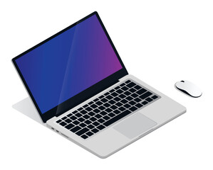 Labtop, monitor and mouse. Isometric vector. Mockup.  